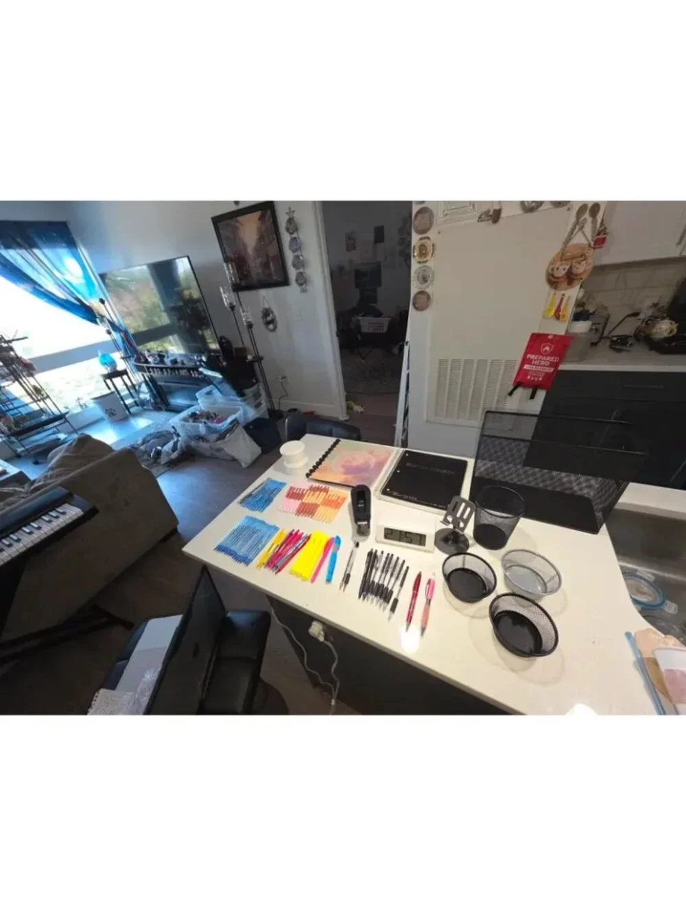 Office supplies and ruler and calculator on next photo